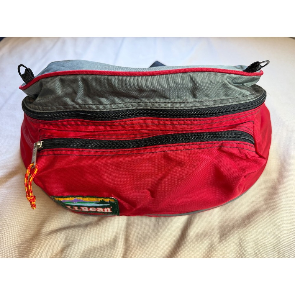 LL Bean Deluxe Waist Fanny Pack Red Grey Nylon Waist Bag Vintage Hiking Belt Bag